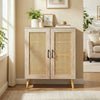 Natural 5-tier rattan shoe cabinet with woven doors, removable shelves, and solid rubber wood legs for stylish storage.