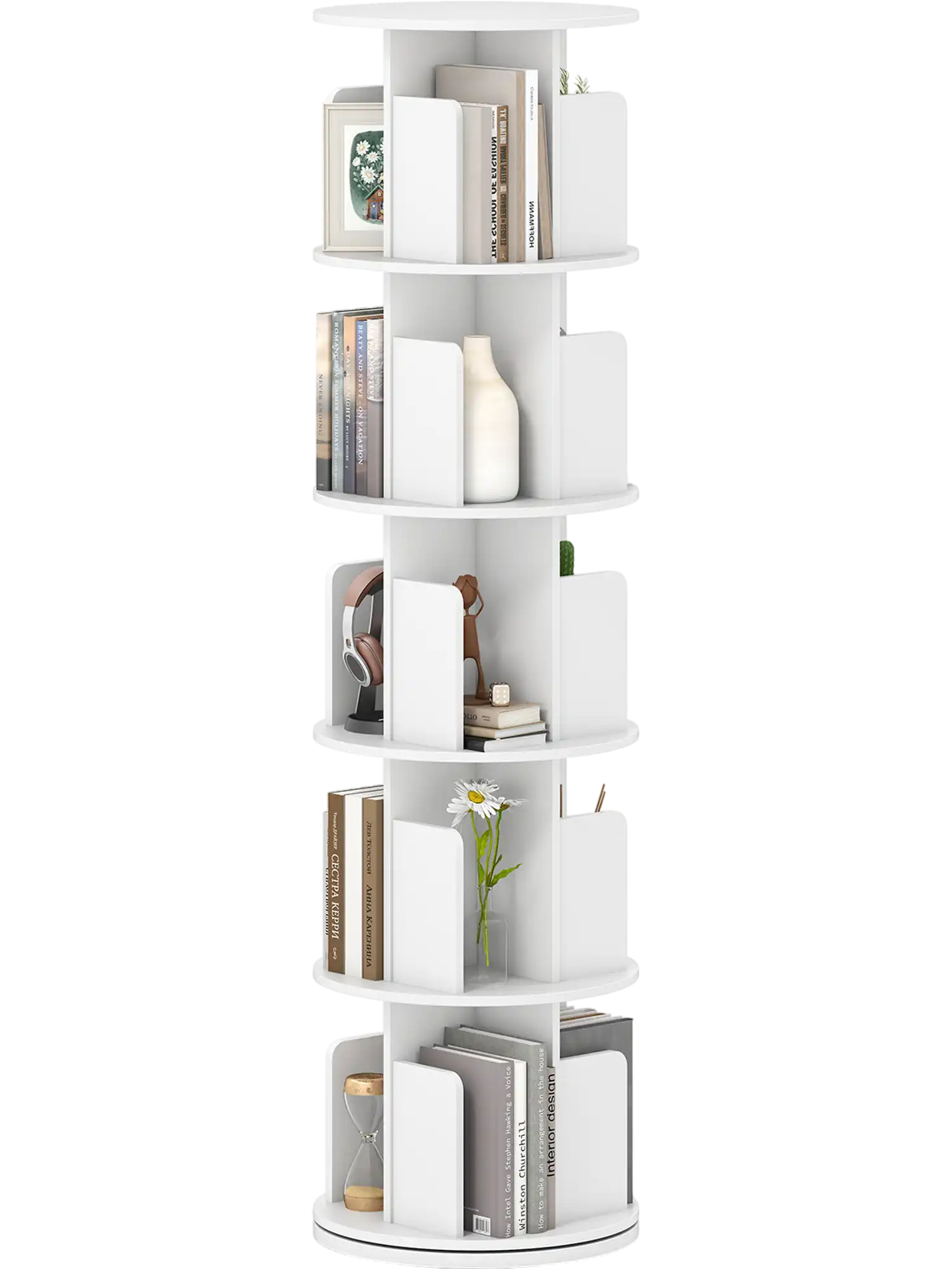 Costway 5-Tier 360° Rotating Bookshelf Display Rack w/ Dividers Anti-Falling Baffles 12097470 New