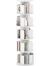 5-tier rotating bookshelf in white with dividers, offering 360° display and anti-falling baffles for organized storage.