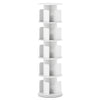 5-tier rotating bookshelf in white with dividers, 360° swivel design for organized storage of books and decor.