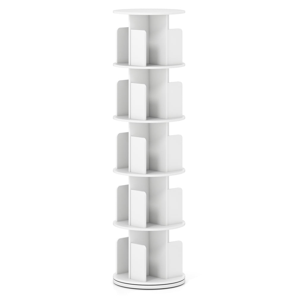 5-tier rotating bookshelf in white with dividers, 360° swivel design for organized storage of books and decor.