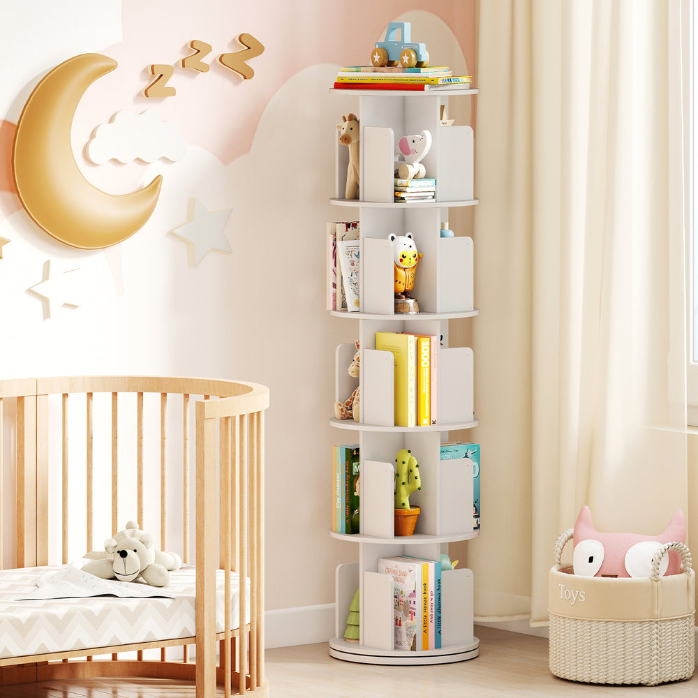 5-Tier Rotating Bookshelf 360° Display Rack with Dividers and Anti-falling Baffles-White - Gallery View 1 of 9
