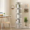 5-tier rotating bookshelf in white with dividers, showcasing organized storage for books and decor in a stylish corner.