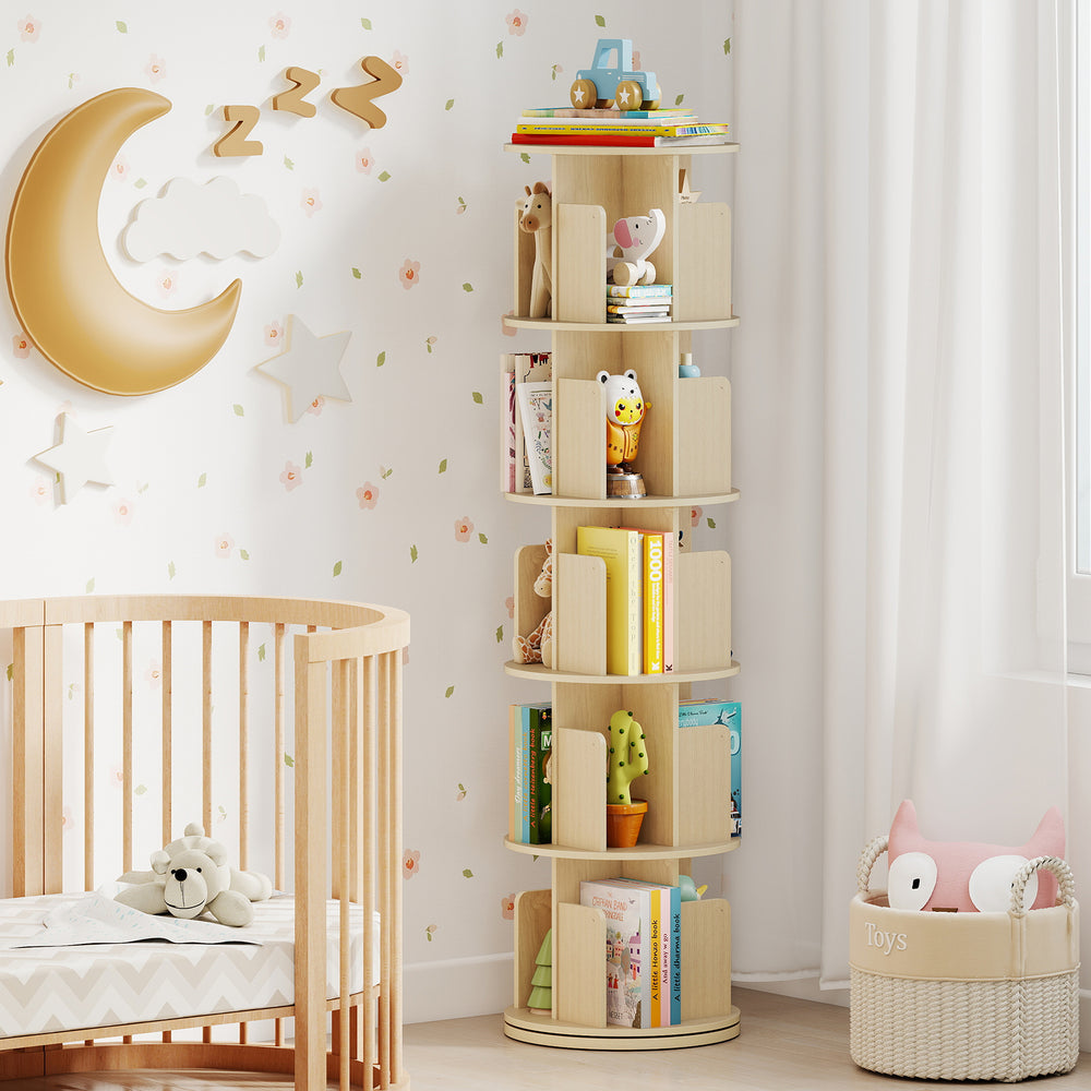 5-Tier Rotating Bookshelf 360° Display Rack with Dividers and Anti-falling Baffles-Natural - Gallery View 1 of 9