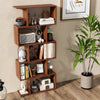 5-tier S-shaped walnut bookshelf with anti-tip kit, perfect for stylish storage in living rooms or home offices.
