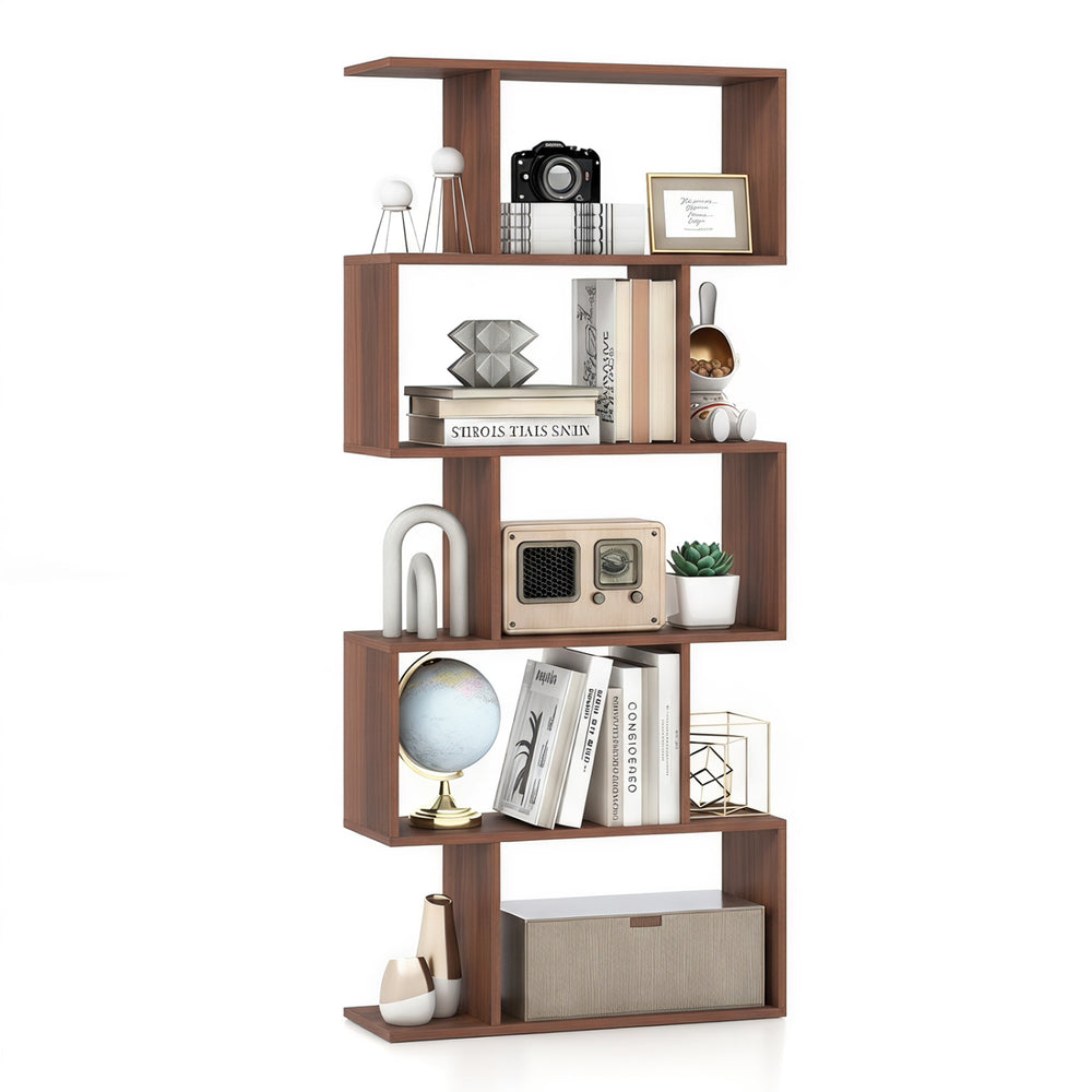 5-tier S-shaped bookshelf in walnut finish offers stylish storage and serves as an elegant room divider for any space.