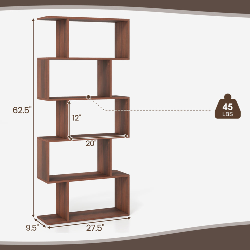 5-tier S-shaped walnut bookshelf with anti-tip kit, featuring a geometric design and vertical shelving for efficient storage.