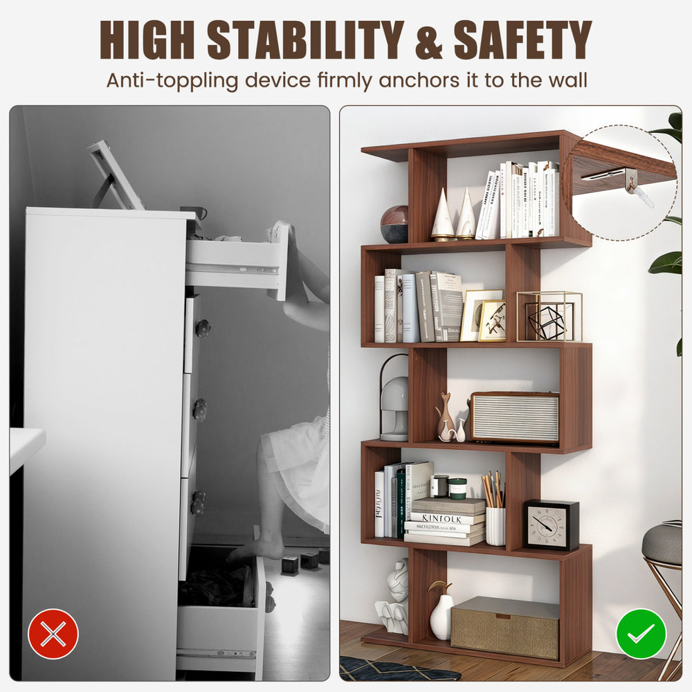 5-tier S-shaped bookshelf in walnut finish features an anti-tip kit for secure wall attachment and stylish storage.