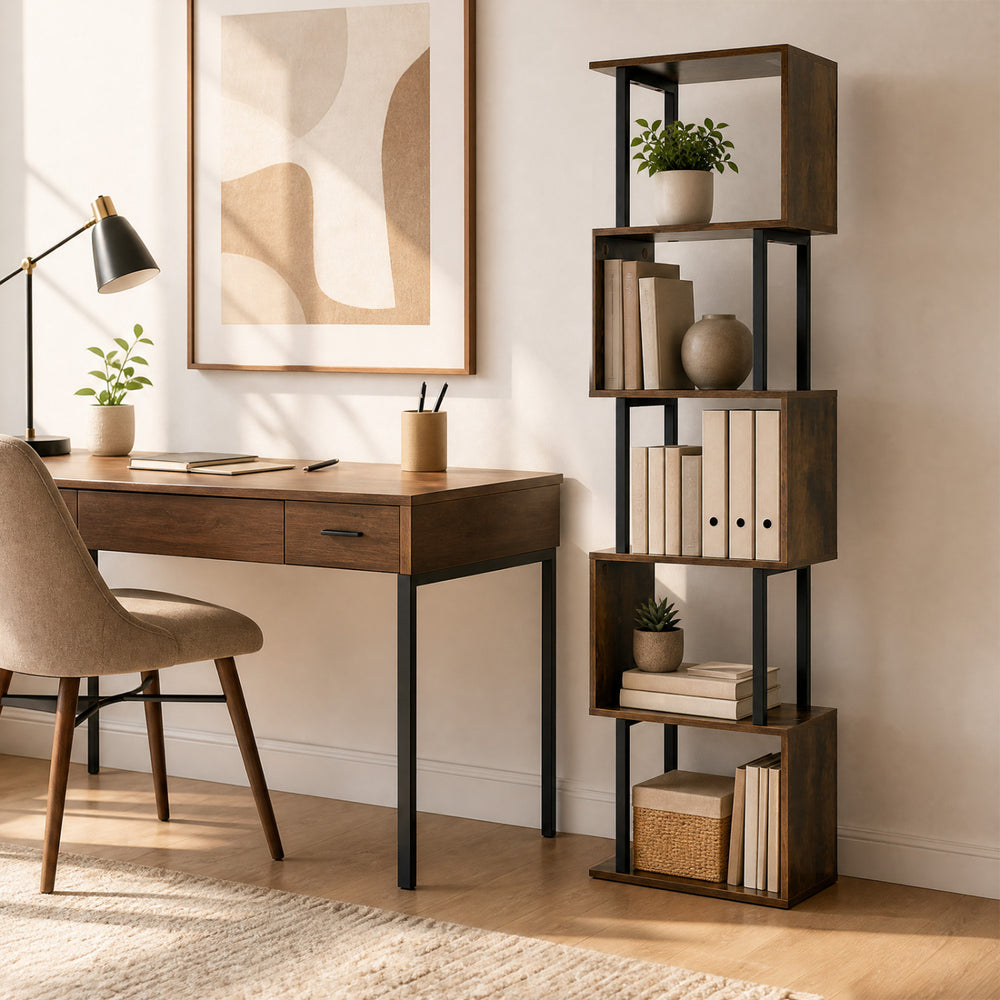 S-shaped 5-tier bookshelf in rustic brown with open cubes, perfect for displaying items in living room or office.