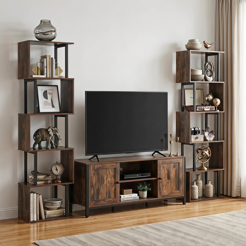 5-tier S-shaped bookshelf in rustic brown features open cubes and anti-toppling kits, perfect for living room storage.