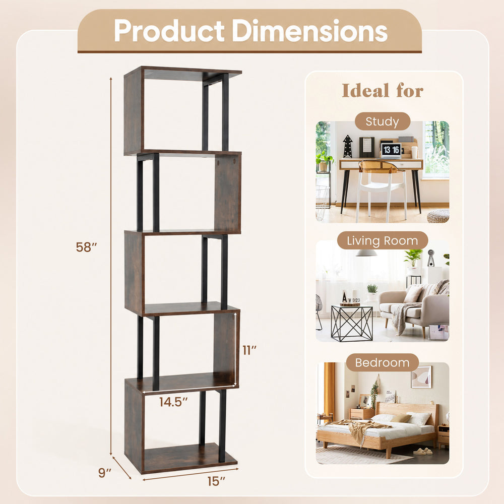 5-tier S-shaped bookshelf in rustic brown with open cubes, ideal for living room or bedroom storage and display.