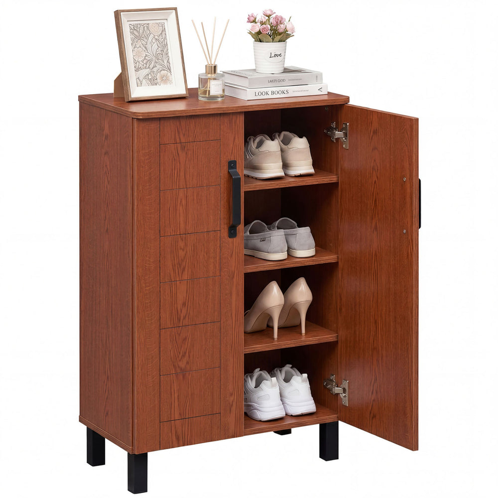 Freestanding wooden shoe storage cabinet in brown with 4-tier shelving, ideal for entryways and living rooms.