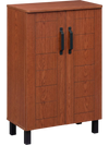 Freestanding wooden shoe storage cabinet in brown with 4-tier shelving, metal handles, and anti-toppling safety.
