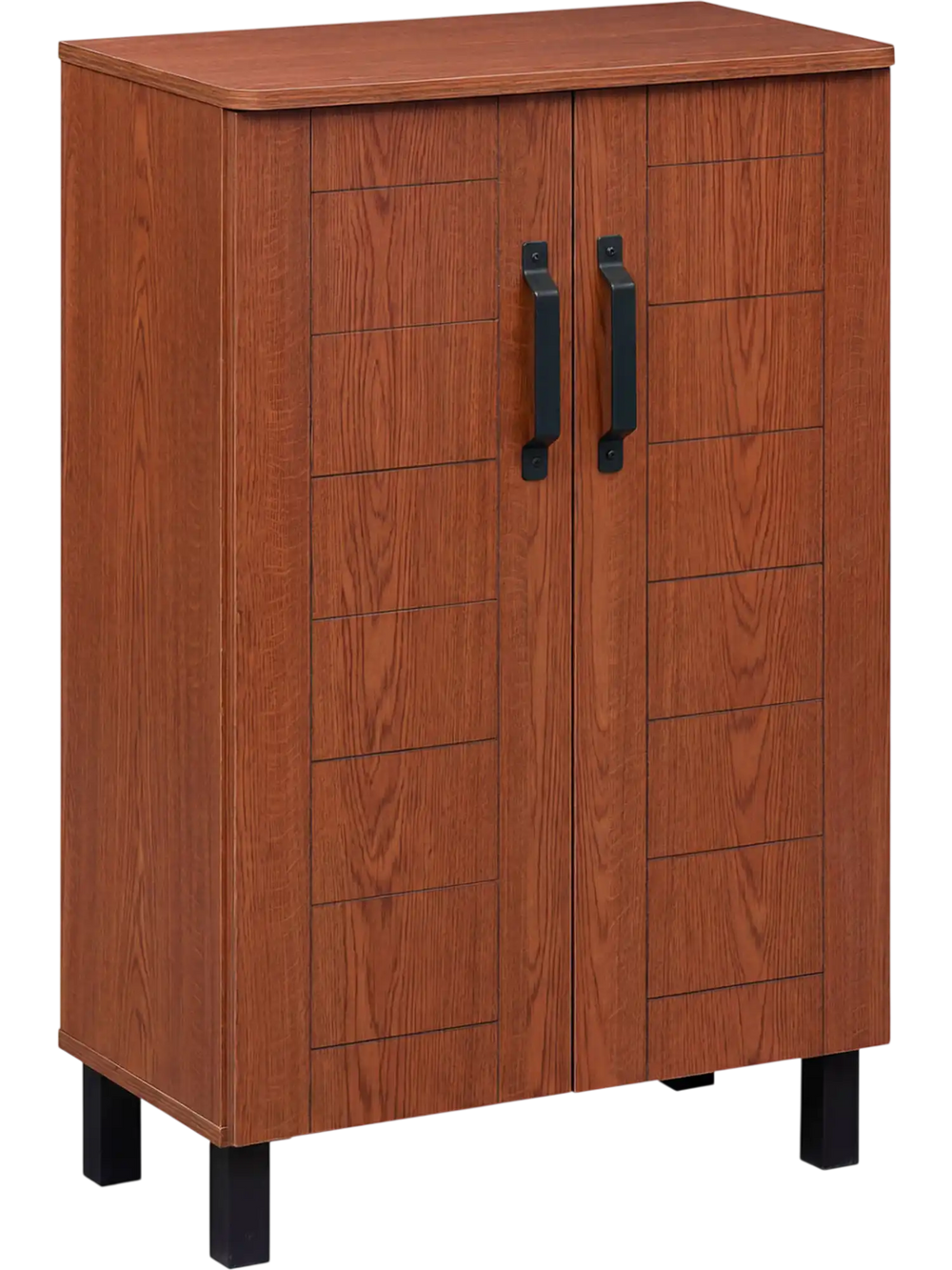 Freestanding wooden shoe storage cabinet in brown with 4-tier shelving, metal handles, and anti-toppling safety.