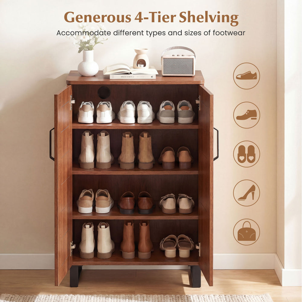 Freestanding wooden shoe rack organizer with 4-tier shelving, perfect for storing various footwear sizes in brown.