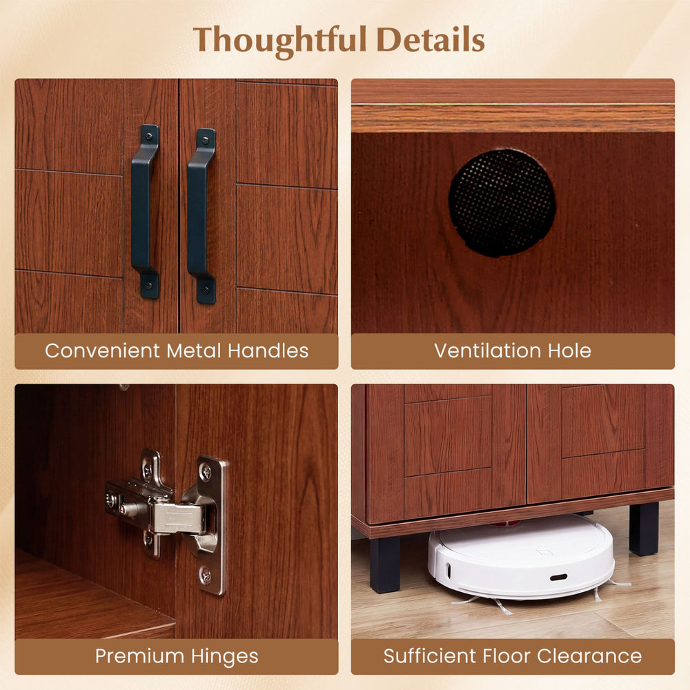 Close-up of the shoe storage cabinet's ventilation hole and premium hinges, featuring a sturdy wooden construction in.