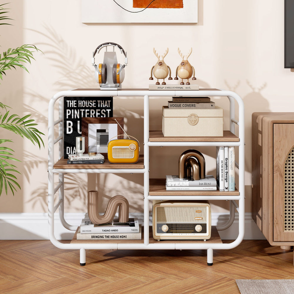5-tier storage organizer bookshelf with a metal frame, featuring open shelving and a natural wood finish for versatile.