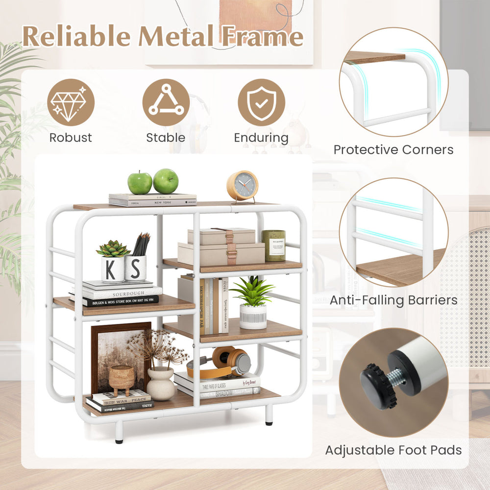 5-tier open bookshelf with a reliable metal frame, adjustable foot pads, and protective corners for versatile storage.