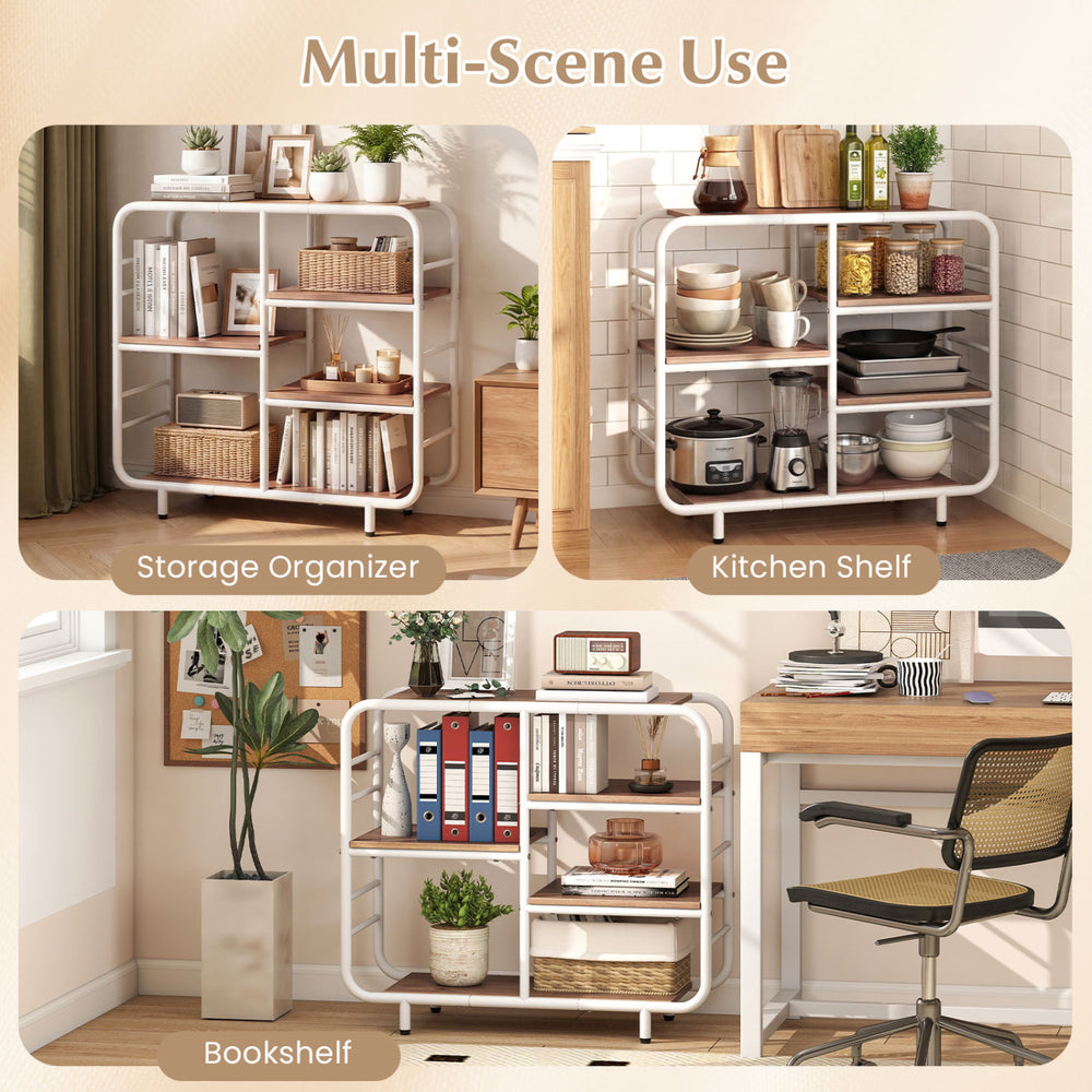 5-tier storage organizer with a metal frame, featuring open shelving for versatile use in living room or kitchen.