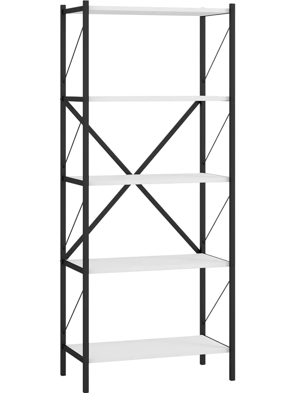 5-tier tall bookshelf with a heavy-duty metal frame and white wooden shelves, ideal for living room or home office storage.