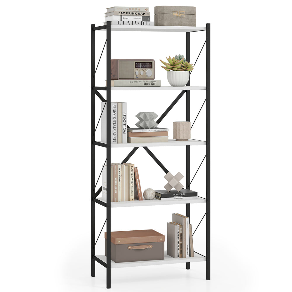 5-tier tall bookshelf with a heavy-duty metal frame and white wooden shelves, ideal for organizing books and decor.