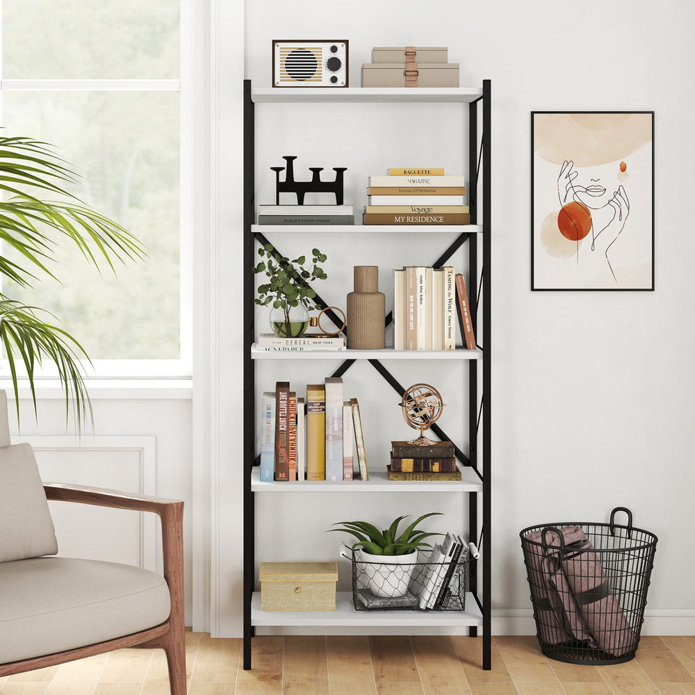 5-Tier Tall Bookshelf Industrial Bookcase with Heavy-Duty Metal Frame Modern Storage-White - Gallery View 1 of 11