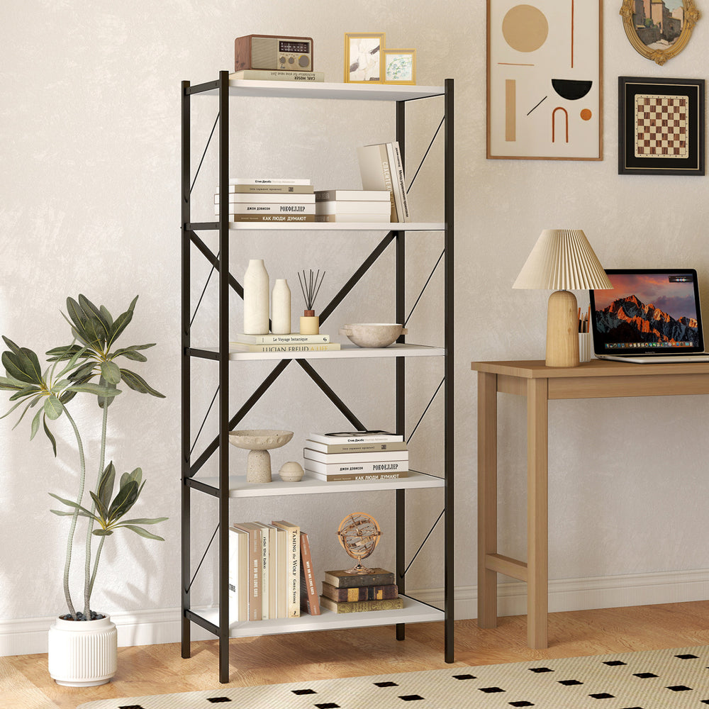 5-tier tall bookshelf with a heavy-duty metal frame and white wooden shelves, ideal for organizing books and decor.