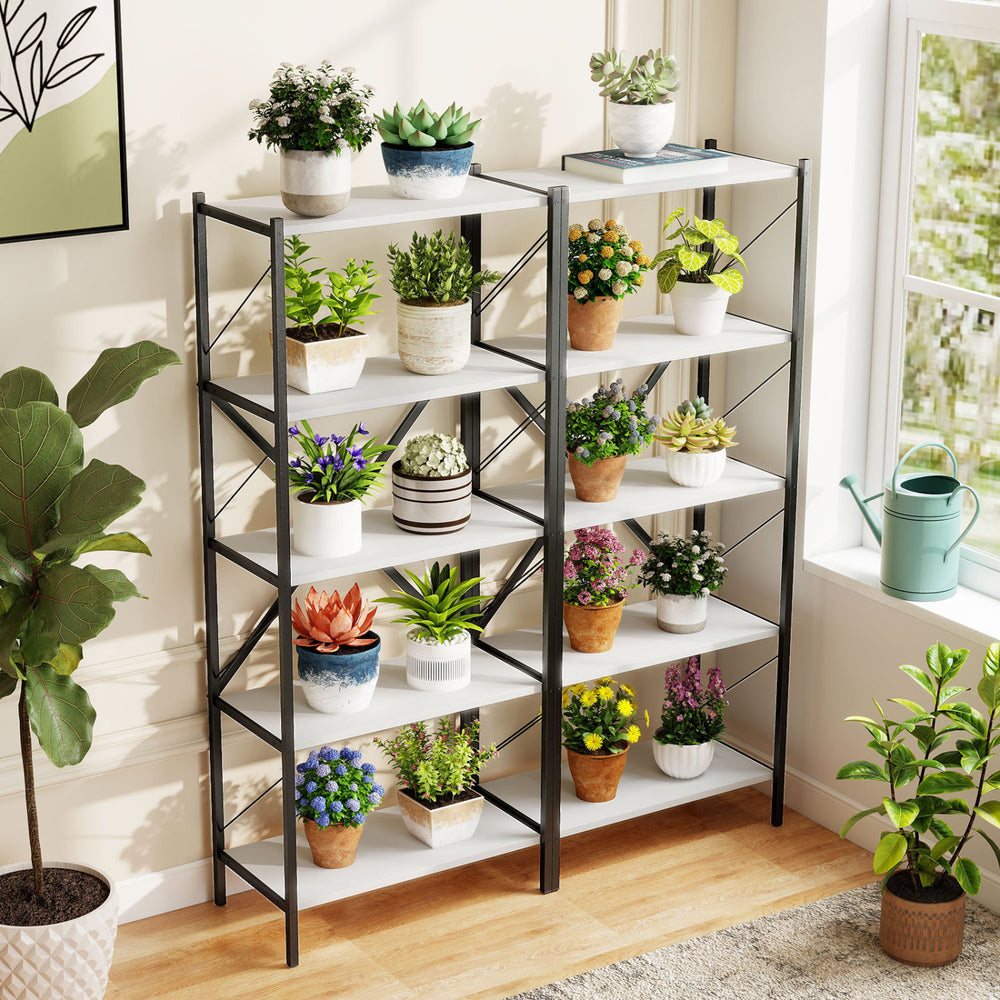 5-tier tall bookshelf with heavy-duty metal frame, ideal for organizing plants and decorations in any indoor space.