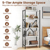 5-tier tall bookshelf with a heavy-duty metal frame and white wooden shelves, perfect for organizing books and decor.