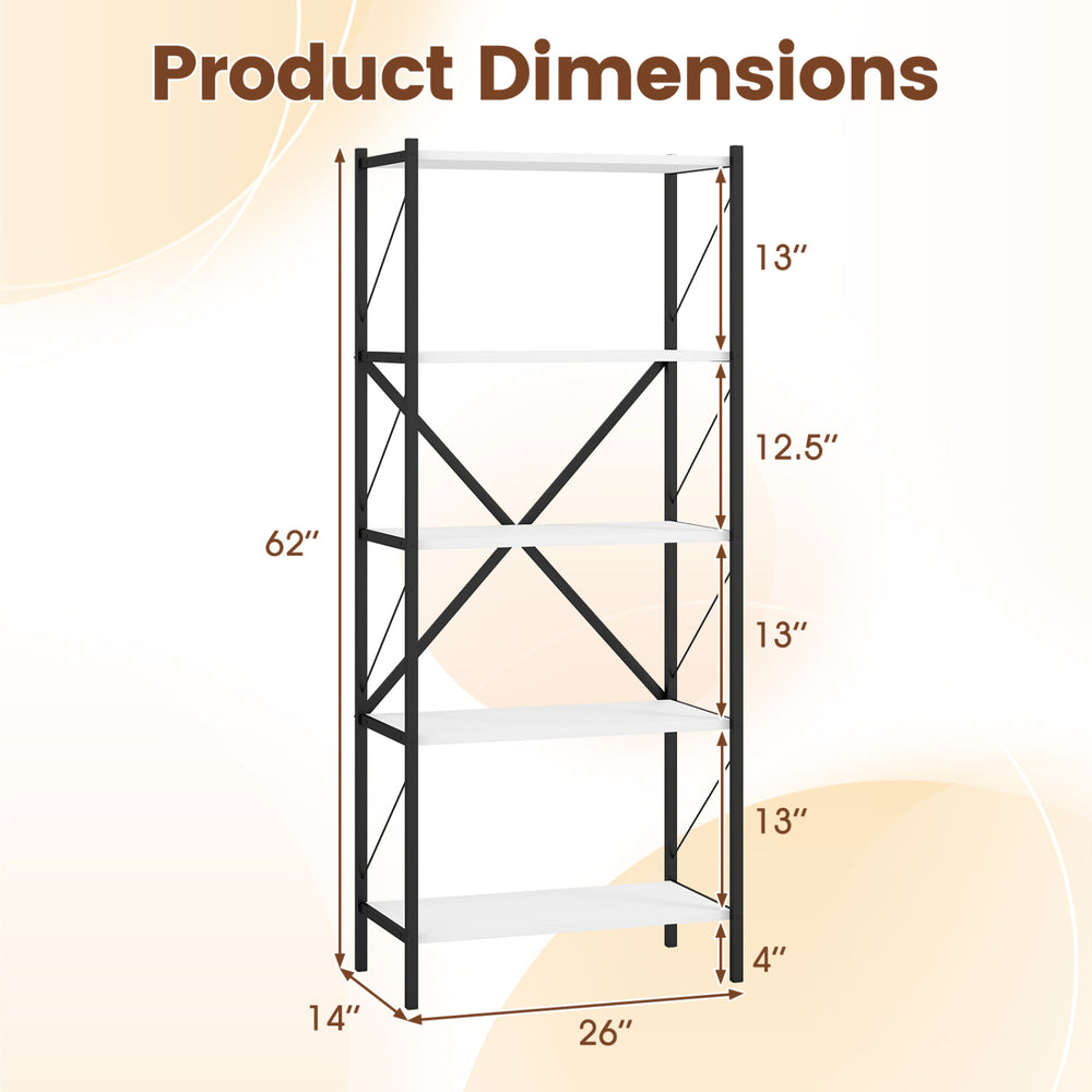 5-tier tall bookshelf with heavy-duty metal frame and white wooden shelves, ideal for living room or home office organization.