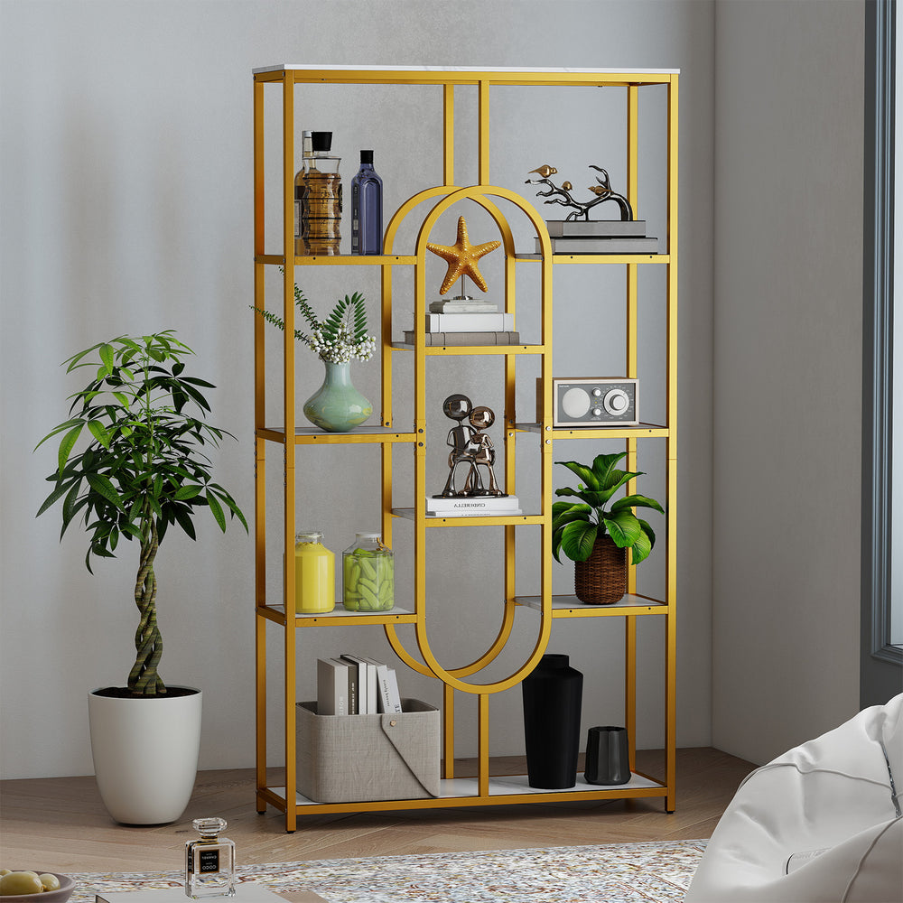 5-tier tall etagere bookcase with open shelves, gold metal frame, ideal for living room or as a stylish room divider.