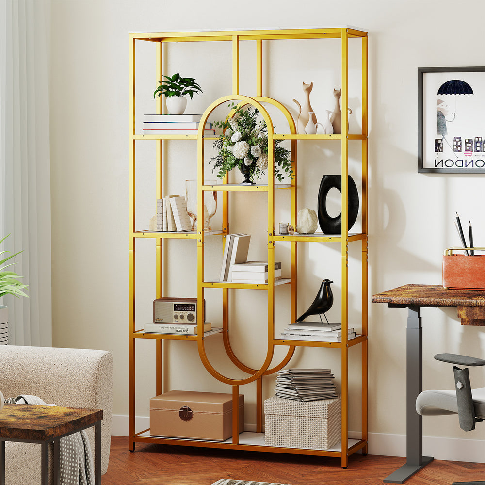 Tall 5-tier etagere bookcase with u-shaped design, white powder-coated metal frame, ideal for living room or study.