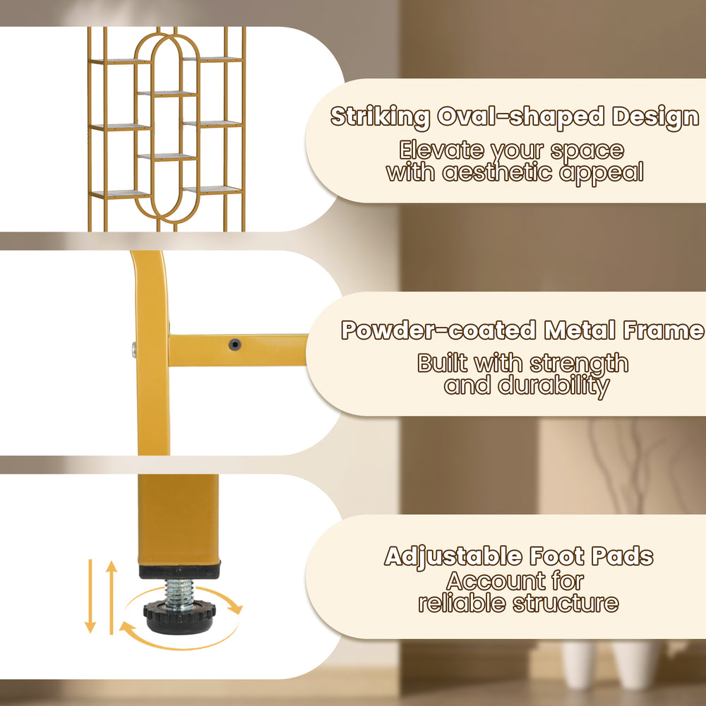 5-tier tall etagere bookcase with open shelves, powder-coated metal frame, and adjustable foot pads for stability.