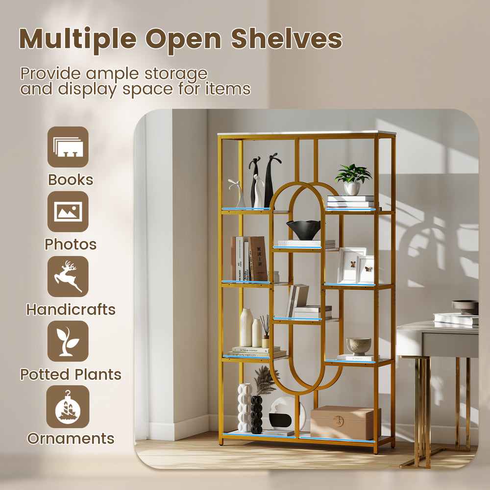 5-tier tall etagere bookcase with open storage shelves in white, featuring a u-shaped design for versatile display.