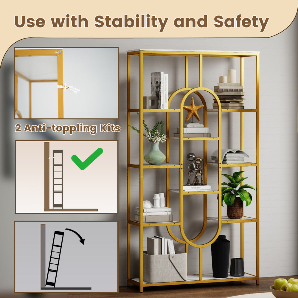 5-tier tall etagere bookcase with open storage shelves, featuring a gold powder-coated metal frame and anti-toppling.