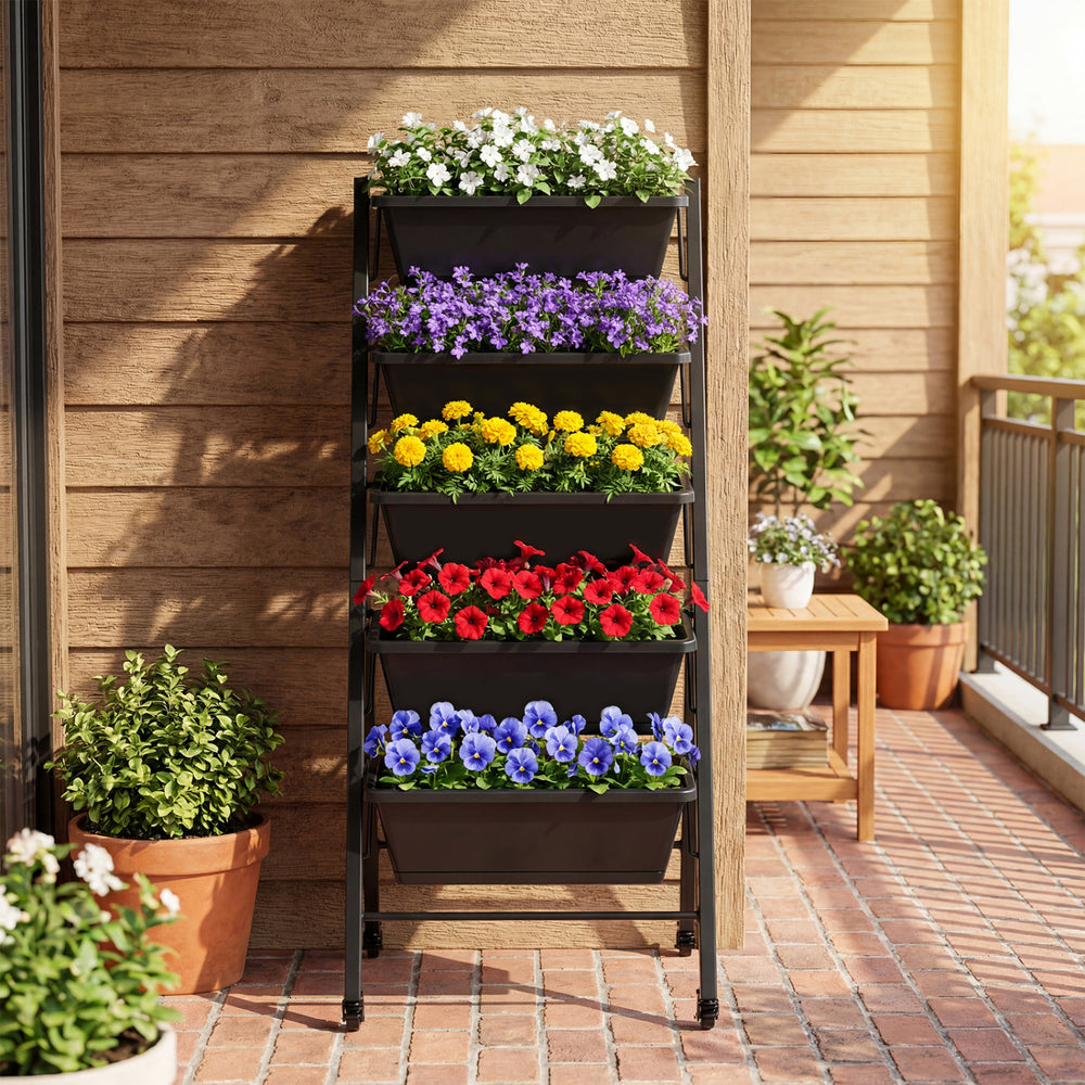 5-tier vertical raised garden bed with wheels, featuring modular planter boxes and optimal drainage for backyard.