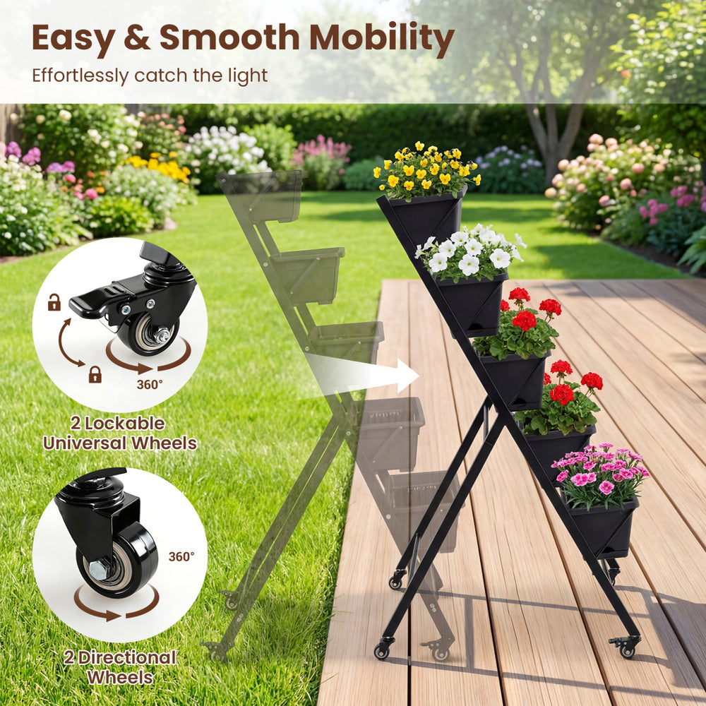 5-tier vertical raised garden bed with wheels, featuring removable planter boxes and a sturdy metal frame for backyard.