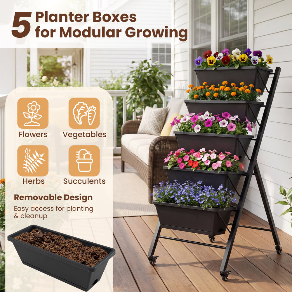 5-tier vertical raised garden bed with wheels, featuring removable planter boxes for flowers and vegetables in a.