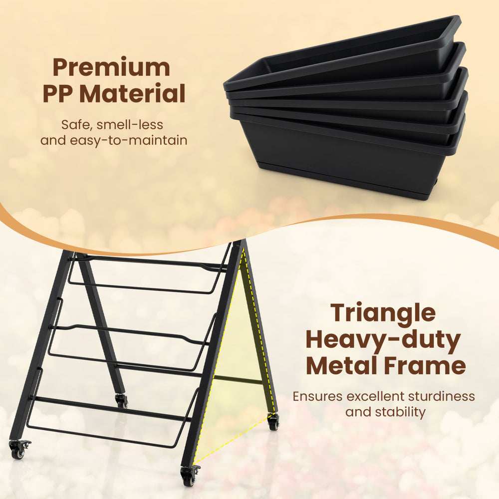 5-tier vertical raised garden bed with wheels, premium PP material, and heavy-duty metal frame for backyard gardening.