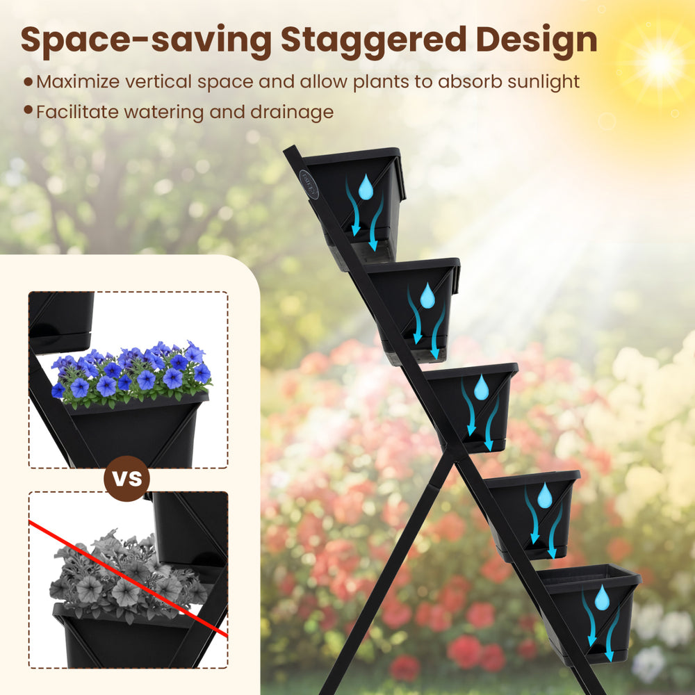 5-tier vertical raised garden bed with staggered design, featuring drainage holes and removable planter boxes for patio.