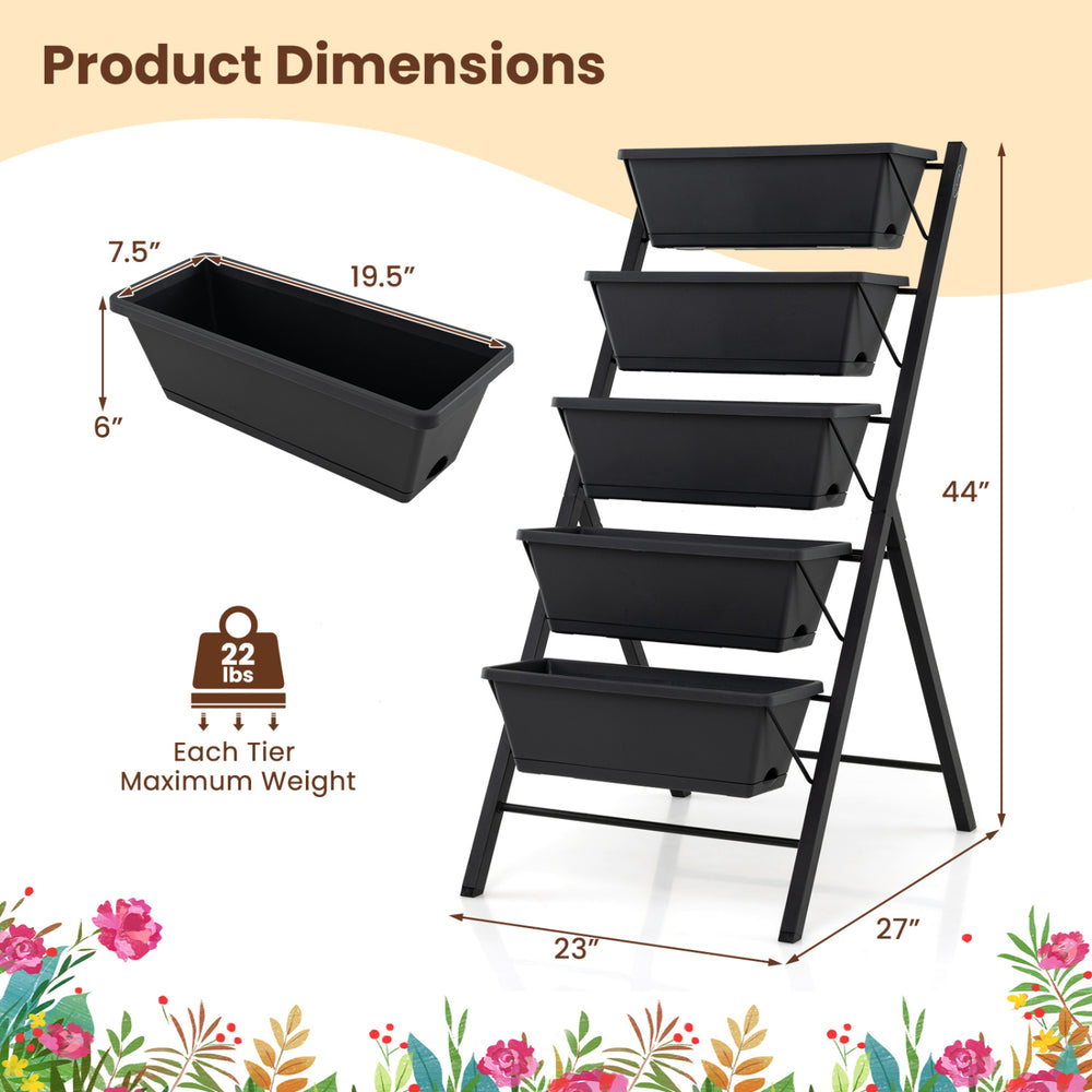 Dimensions of 5-tier vertical raised garden bed, showcasing removable planter boxes and sturdy metal frame for patio.