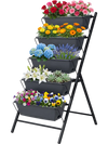 5-tier vertical raised garden bed in black showcasing removable trays filled with vibrant flowers for decorative indoor.