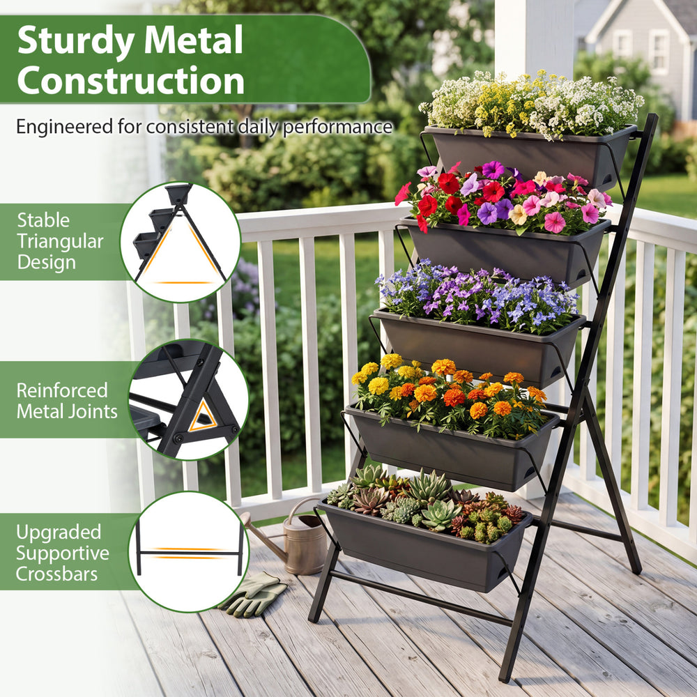 5-tier vertical raised garden bed in black with detachable trays, designed for efficient watering and drainage.