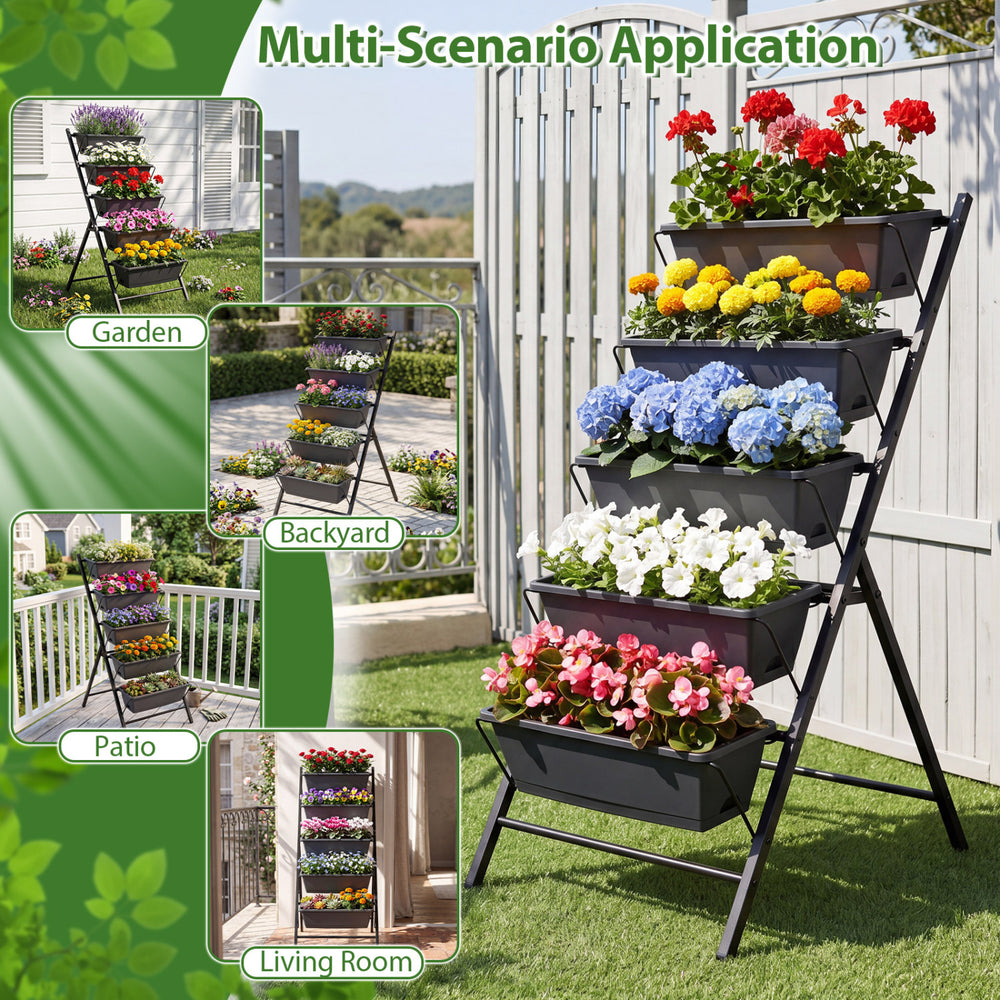 5-tier vertical raised garden bed in black displaying vibrant flowers, designed for optimal sunlight exposure and.