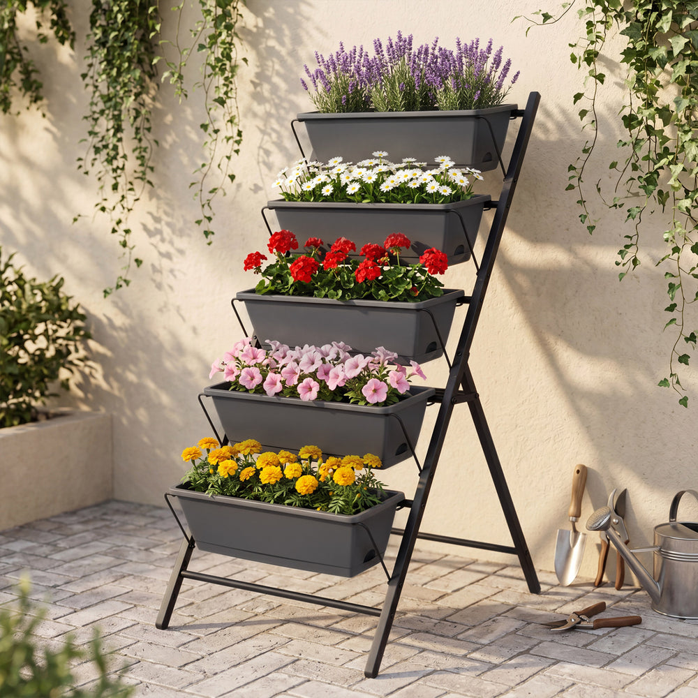 5-tier vertical raised garden bed in black with removable trays, ideal for indoor and outdoor planting.