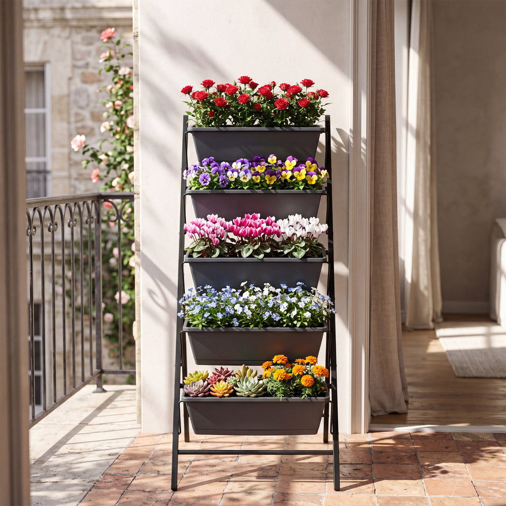 5-tier vertical raised garden bed in black with removable trays, perfect for indoor and outdoor planting.
