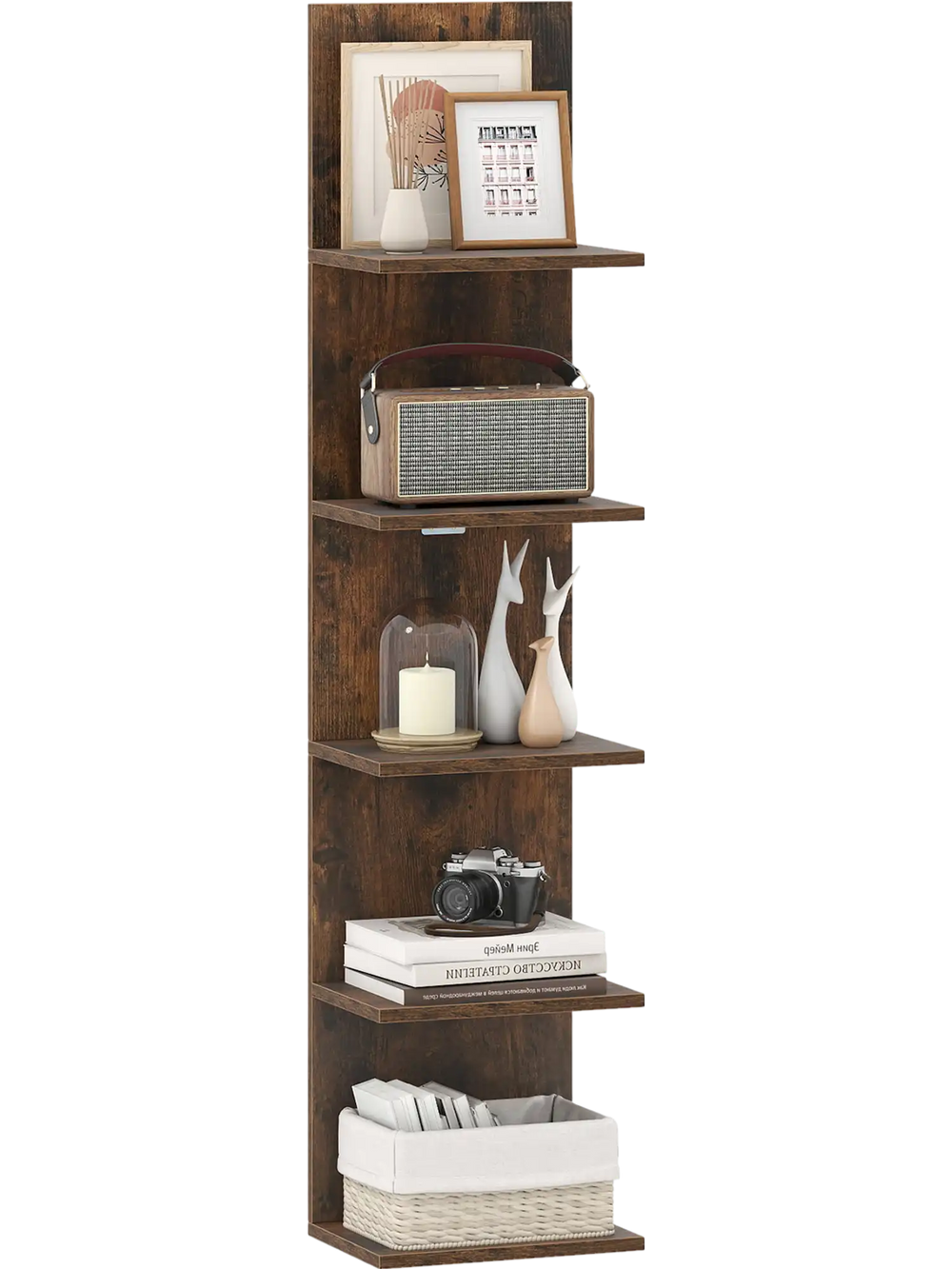 5-tier wall-mounted shelf unit in rustic brown wood grain finish, ideal for versatile storage in any room.