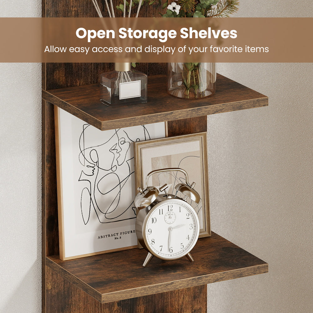 5-tier wall-mounted shelf unit in rustic brown wood grain, perfect for displaying items in any room.