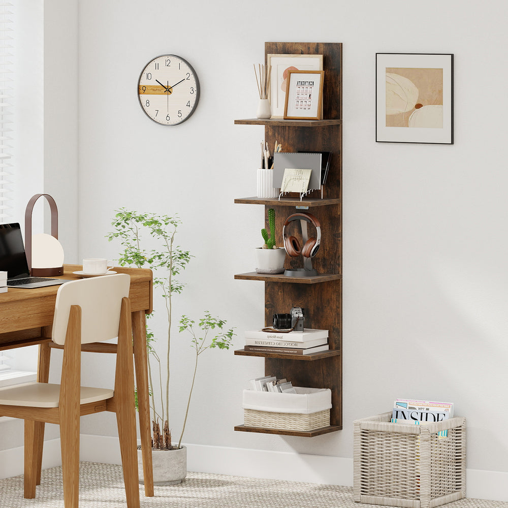 5-Tier Wall Mounted Shelf Unit with Wood Grain-Rustic Brown - Gallery View 1 of 10