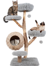 Multi-level gray cat tree featuring plush perches, woven condo, and jute scratching posts for active play and.